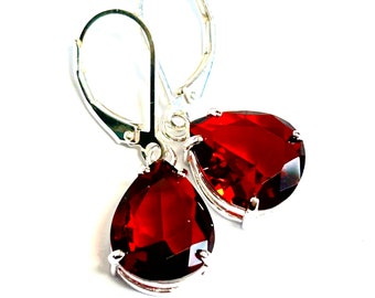 New - Garnet Teardrop Crystal Earrings - Red Crystal Pear Shaped Drops - Beautiful Red Garnet  - Sterling Silver Lever Backs - Free Shipping