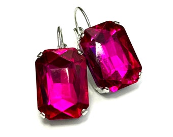 New- Hot Pink Vintage Glass Emerald Cut Lever Back Earrings - Magenta Jewels - Silver Lever Backs - Fuchsia Earrings - Free Shipping