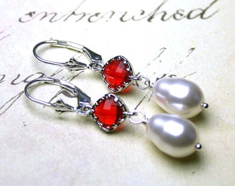 Vintage Swarovski Crystal Teardrop Pearl Earrings - Red Square Cushion Cut Crystal Stones  - Sterling Silver Lever Backs - Free Shipping