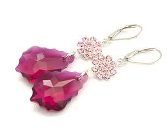 Vintage Swarovski Crystal Earrings In Pink - OOAK - Ruby And Rose Pink Baroque Crystal Earrings - Sterling Silver Lever Backs -Free Shipping