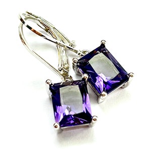 Amethyst Purple Emerald Cut Crystal Earrings - Sterling Silver Lever Backs - Purple Tanzanite Rectangle Crystal Drops - Free Shipping