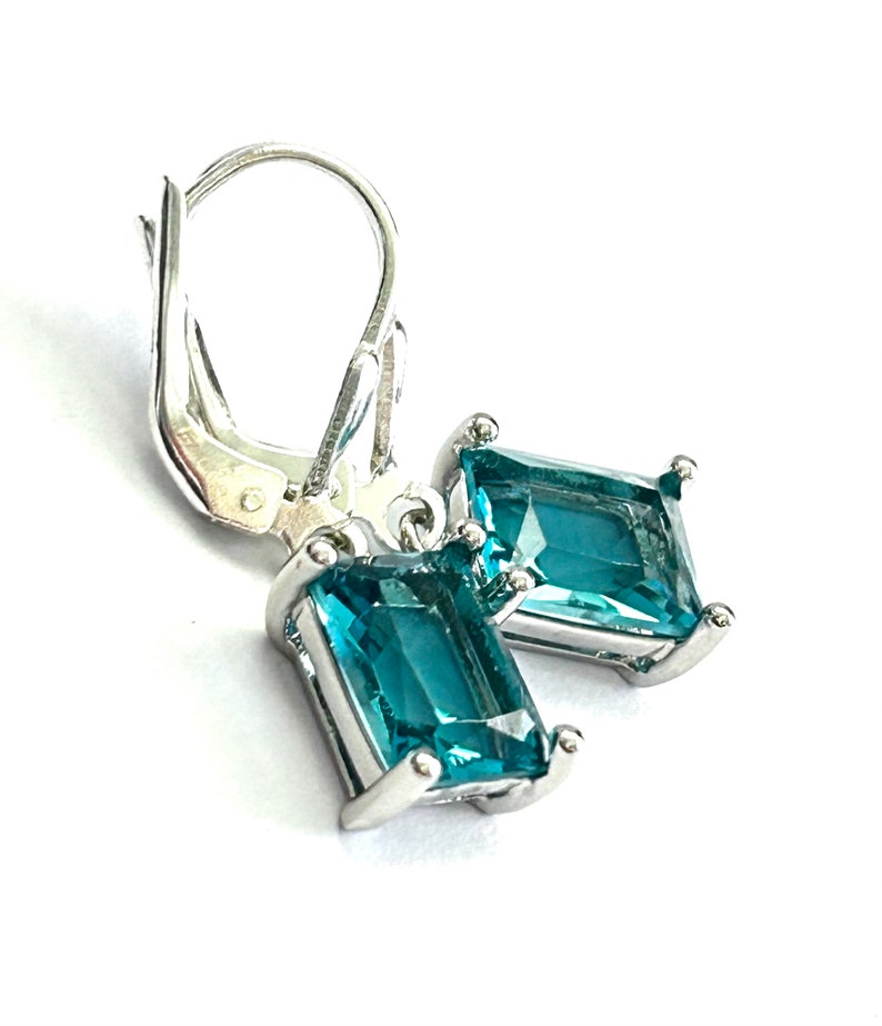 Teal Blue Emerald Cut Crystal Earrings Sterling Silver Teardrop Lever Backs Green Blue Rectangle Crystal Drops Free Shipping image 7