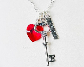 Vintage Swarovski Crystal Key Necklace - OOAK Sterling Silver Key Pendant And Love Charm - Siam Red Swarovski Crystal Heart - Free Shipping