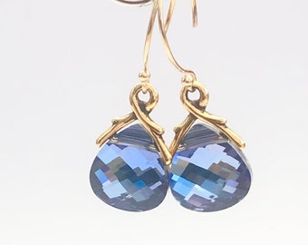 OOAK - Rare Swarovski Crystal Briolette Earrings in Maliblue - Blue Flat Briolette Drops - 14K Gold Filled Ear Wires - Free Shipping