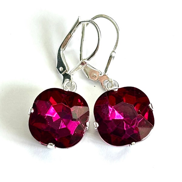 New - Magenta Square Crystal Earrings - Cushion Cut Stones In Fuchsia Pink - Sterling Silver Lever Backs - Hot Pink Crystal - Free Shipping