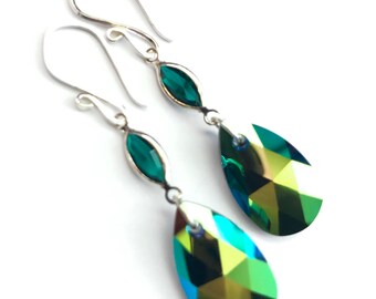 Emerald Marquise Earrings - OOAK - Rare Swarovski Crystal In Scarabus - Sterling Silver Designer Ear Wires - Free Shipping