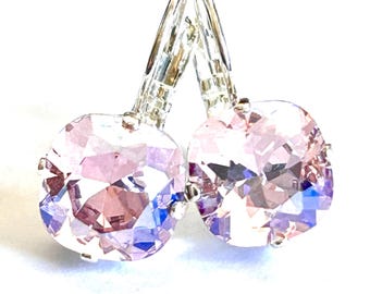 Pale Pink Shimmer Cushion Cut Crystal Lever Back Earrings - 10mm Light Rose Pink Crystal Square Cut Earrings In Silver - Handmade In SoCal