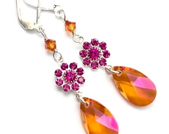 Sunset Teardrop Earrings - OOAK - Rare Swarovski Crystal And Sterling Silver - Pink/Orange - Silver Lever Backs - Free Shipping