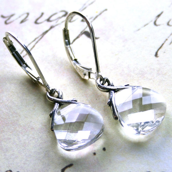 Vintage Swarovski Crystal Briolette Earrings with Lever Backs In Crystal Clear - Handmade with Sterling Silver Lever Backs - Free Shipping