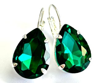 New - Emerald Teardrop Crystal Earrings - Green Pear Crystal Lever Back Earrings In Silver - Dark Green - Handmade in SoCal - Free Shipping