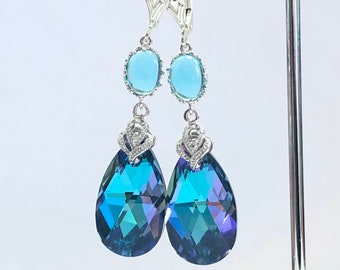Crystal Teardrop Earrings in Aqua Vitrail Light - Sea Green and Blue Swarovski Crystal Earrings - Sterling Silver Lever Backs Free Shipping