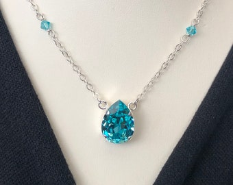 Swarovski Crystal Teardrop Necklace In Aqua Blue - All Sterling Silver - Light Turquoise Blue Pendant - Free Shipping
