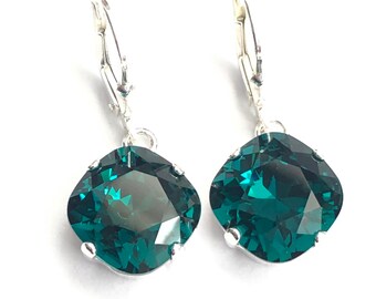 Emerald Swarovski Crystal Cushion Cut Earrings - OOAK - Green Square Crystals  - Sterling Silver Lever Backs - Free Shipping