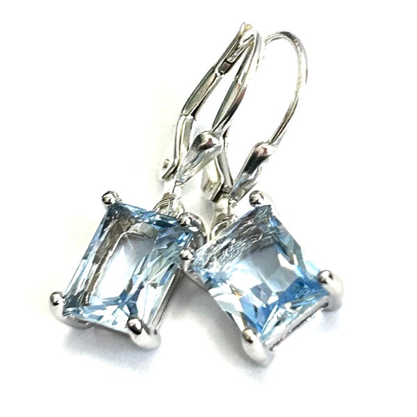 New - Pale Blue Emerald Cut Crystal Earrings - Sterling Silver Teardrop Lever Backs - Sheer Ice Blue Rectangle Crystal Drops - Free Shipping