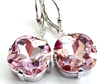 Pale Pink Crystal Lever Back Earrings - Pretty Square Cushion Cut Crystal Stones In Light Rose - Sterling Silver Lever Backs - Handmade