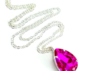 Hot Pink Crystal Pear Shaped Pendant - Sterling Silver Necklace with Fuchsia Crystal Teardrop - Free Shipping