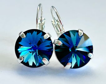 SALE - French Lever Back Crystal Earrings in Montana Sapphire - OOAK - Swarovski Crystal Rivoli Stones in Blue - Free Shipping