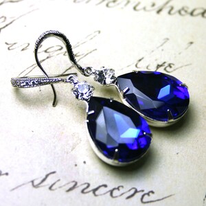 Sapphire Blue Vintage Jeweled Earrings Sterling Silver And CZ Earwires With Royal Blue And Clear Jewels Free Shipping image 2