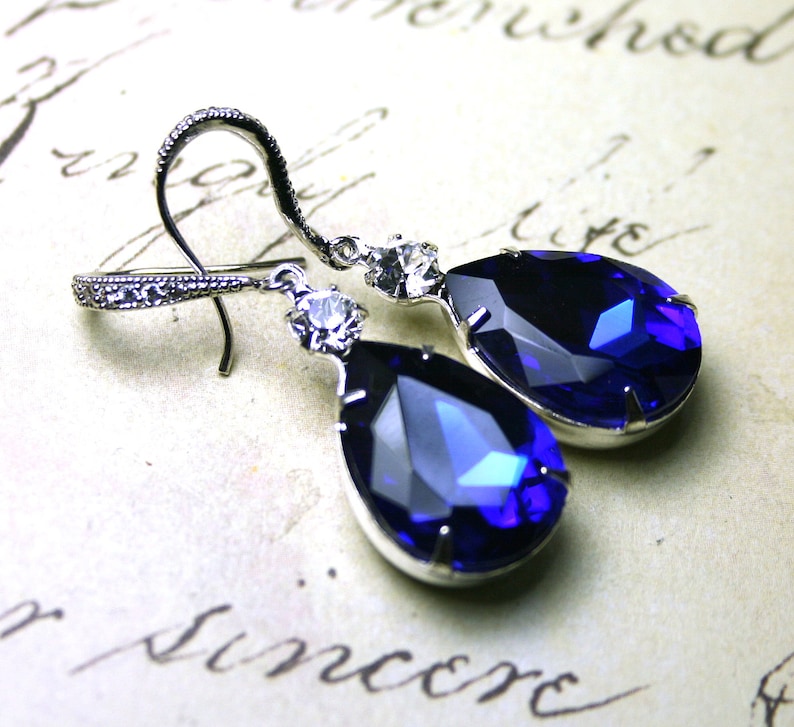 Sapphire Blue Vintage Jeweled Earrings Sterling Silver And CZ Earwires With Royal Blue And Clear Jewels Free Shipping image 2