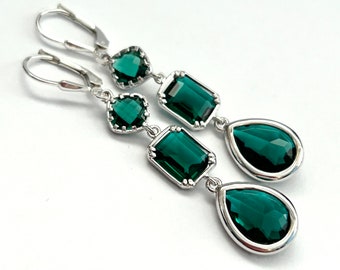New - Emerald Long Jeweled Earrings - OOAK - Sterling Silver Lever Backs - Green Framed Faceted Glass Drop Earrings - Free Shipping