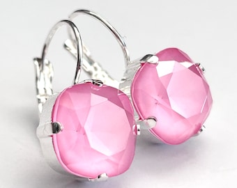 New - Barbie Pink Crystal Earrings - Cushion Cut Crystal Stones In Opaque Pink - Silver Lever Backs - Handmade in SoCal - Free Shipping