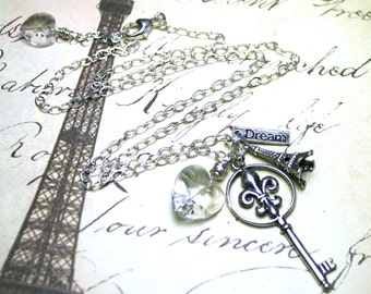 Silver Key and Eiffel Tower Necklace With A Swarovski Crystal Heart - Fleur de Lis Key - All Sterling Silver - Free Shipping