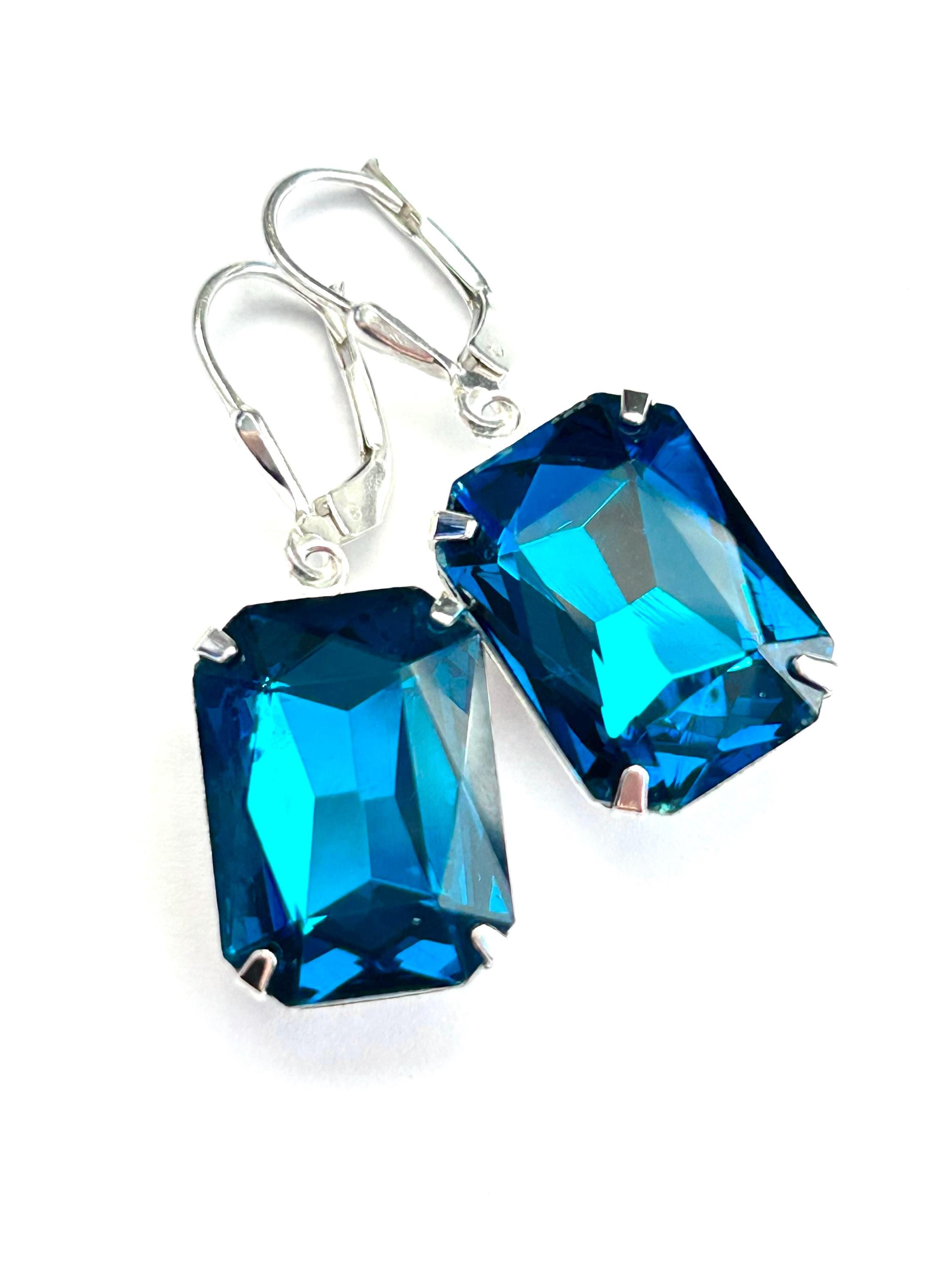 Teal Blue Vintage Jewel Earrings - Sterling Silver Lever Backs - 18mm Emerald Cut Crystal Earrings in Blue Zircon - Handmade In SoCal