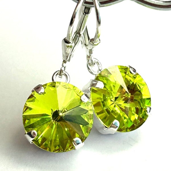 New - Citroń Crystal Earrings - Rivoli Stones In Citrus Green - Sterling Silver Teardrop Lever Backs - Free Shipping