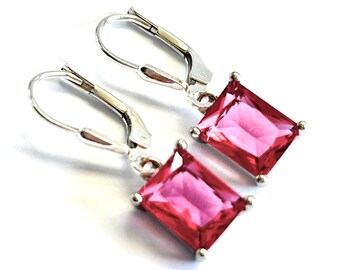 New - Emerald Cut Crystal Earrings In Coral Pink - Sterling Silver Lever Backs - Watermelon Pink Rectangle Crystal Drops - Free Shipping