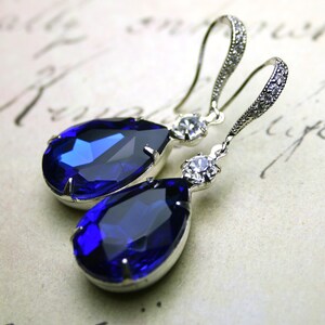Sapphire Blue Vintage Jeweled Earrings Sterling Silver And CZ Earwires With Royal Blue And Clear Jewels Free Shipping image 3