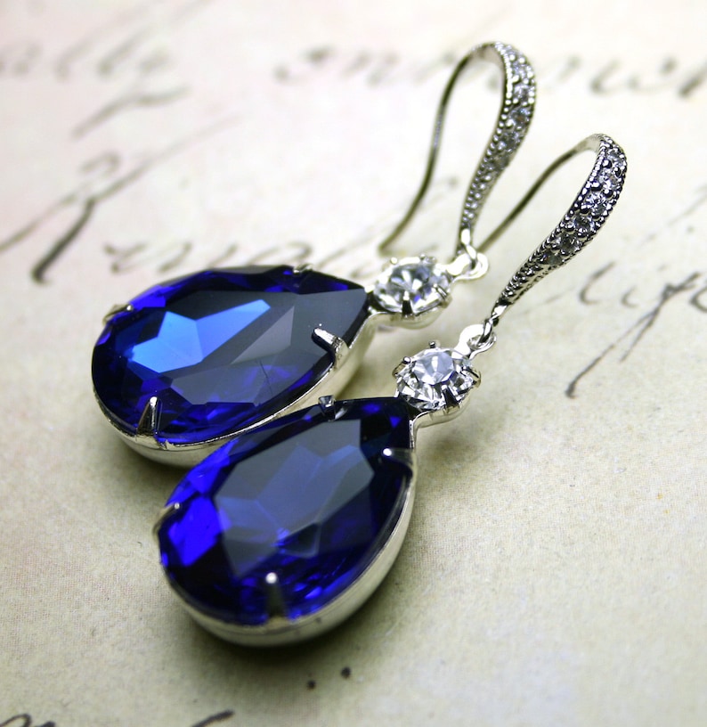Sapphire Blue Vintage Jeweled Earrings Sterling Silver And CZ Earwires With Royal Blue And Clear Jewels Free Shipping image 3