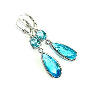 New - Aquamarine Long Crystal Teardrop Earrings - Sterling Silver Teardrop Lever Backs - Aqua Blue Framed Jewel Earrings - Free Shipping