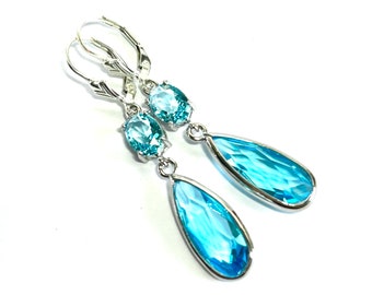 New - Aquamarine Long Crystal Teardrop Earrings - Sterling Silver Fleur de Lis Lever Backs - Aqua Blue Framed Jewel Earrings - Free Shipping