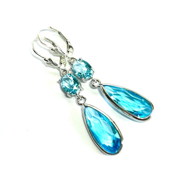 New - Aquamarine Long Crystal Teardrop Earrings - Sterling Silver Teardrop Lever Backs - Aqua Blue Framed Jewel Earrings - Free Shipping