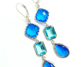 Capri Blue Jewel Earrings - OOAK - Blue Glass Jewels With Silver Bezels- Sterling Silver Lever Backs - Free Shipping