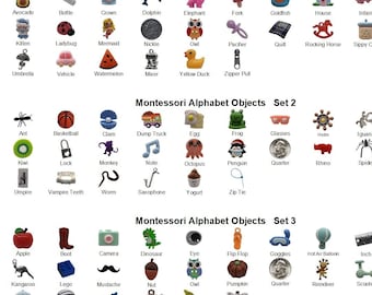 May include: A collection of Montessori Alphabet Objects organized into three sets, featuring various miniature figurines including animals, food items, vehicles, and everyday objects, each labeled with its corresponding name in black text.