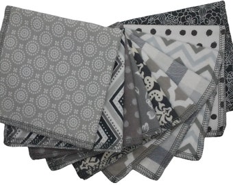 Ladies Gray and White Flannel Handkerchiefs - Set of 5 or 10 - Napkins - Select Your Own Designs - Unpaper Towels