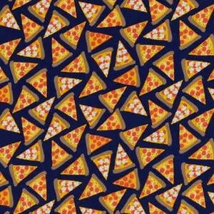 May include: A repeating pattern of pizza slices on a dark navy blue background. Each slice features a golden yellow crust, melted cheese, and red pepperoni toppings. The slices are oriented in various directions across the entire surface.