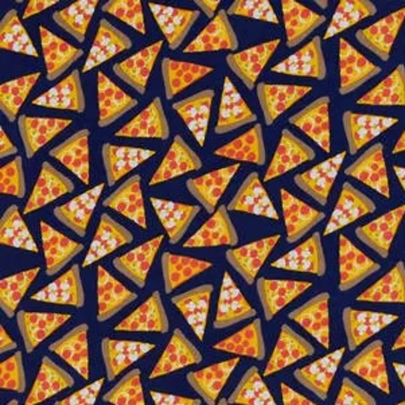 May include: A repeating pattern of pizza slices on a dark navy blue background. Each slice features a golden yellow crust, melted cheese, and red pepperoni toppings. The slices are oriented in various directions across the entire surface.