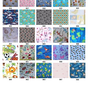 May include: A grid of twenty-five fabric swatches featuring various patterns including animals, vehicles, sports, flowers, and geometric shapes. Each square is labeled with a numerical identifier ranging from 816 to 868, showcasing diverse prints.