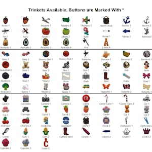 May include: A grid of small colorful trinkets and buttons labeled with names like Acorn, Airplane, and Anchor, organized into rows A, B, and C. The text at the top reads: Trinkets Available. Buttons are Marked With *. Each item is a miniature figure.