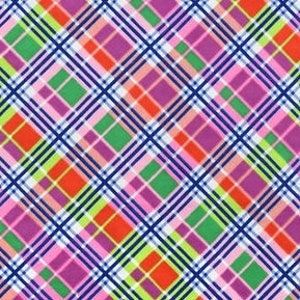 May include: A textile pattern featuring a diagonal plaid design with intersecting lines in dark blue, white, pink, bright green, and orange. The repeating geometric grid creates a vibrant, multi-colored tartan effect across the entire surface.