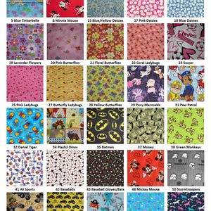 May include: A grid of thirty fabric swatches featuring various patterns including Tinkerbell, Minnie Mouse, daisies, butterflies, ladybugs, soccer balls, Paw Patrol, Daniel Tiger, dinosaurs, Batman, money, monkeys, sports, baseballs, Mickey Mouse, Star Wars, ATVs, John Deere, pirates, sea animals, and unicorns.