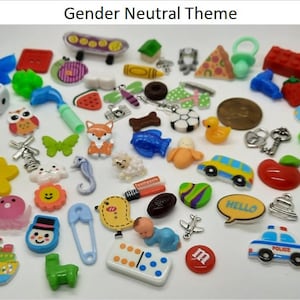 May include: A collection of colorful plastic and metal charms, buttons, and toys. The items include a school bus, a police car, a watermelon, a fox, a turtle, a sailboat, a domino, a pacifier, a key, a frog, a windmill, a soccer ball, a fish, a  dice, a  strawberry, a  toy train, a  toy monkey, a  toy elephant, a  toy owl, a  toy sheep, a  toy airplane, a  toy car, a  toy snowman, a  toy octopus, a  toy butterfly, a  toy  seahorse, a  toy  bird, a  toy  duck, a  toy  apple, a  toy  pizza, a  toy  skateboard, a  toy  crayon, a  toy  donut, a  toy  grapes, a  toy  M&M, a  toy  pin, a  toy  house, a  toy  banana, a  toy  key, a  toy  hello sign, a  toy  toy  and a  toy  llama.
