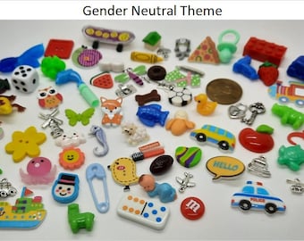 I Spy Bag Trinkets, Gender Neutral/Combination, Sets of 25, 50, 75, or 100, No Duplicates, I Spy Bottle, Sensory Bin, Alphabet Letter Option