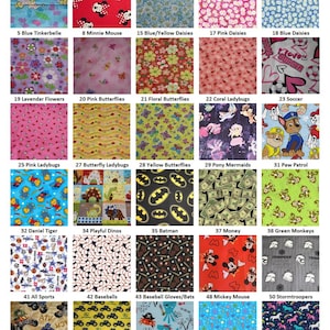 Puede incluir: Una cuadr&iacute;cula de treinta muestras de tela con varios patrones que incluyen Tinkerbell, Minnie Mouse, margaritas, mariposas, mariquitas, balones de f&uacute;tbol, Paw Patrol, Daniel Tiger, dinosaurios, Batman, dinero, monos, deportes, pelotas de b&eacute;isbol, Mickey Mouse, Star Wars, veh&iacute;culos todo terreno, John Deere, piratas, animales marinos y unicornios.