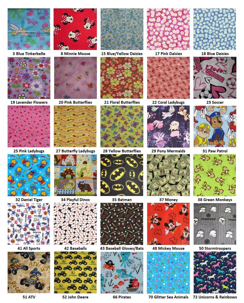 Puede incluir: Una cuadr&iacute;cula de treinta muestras de tela con varios patrones que incluyen Tinkerbell, Minnie Mouse, margaritas, mariposas, mariquitas, balones de f&uacute;tbol, Paw Patrol, Daniel Tiger, dinosaurios, Batman, dinero, monos, deportes, pelotas de b&eacute;isbol, Mickey Mouse, Star Wars, veh&iacute;culos todo terreno, John Deere, piratas, animales marinos y unicornios.