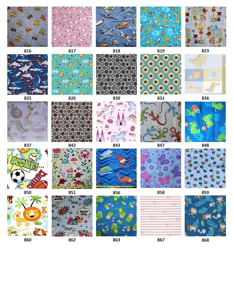 Puede incluir: Una cuadr&iacute;cula de veinticinco muestras de tela con varios patrones que incluyen animales, veh&iacute;culos, deportes, flores y formas geom&eacute;tricas. Cada cuadrado est&aacute; etiquetado con un identificador num&eacute;rico del 816 al 868.