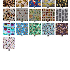 May include: A collection of sixteen fabric swatches featuring various food-themed patterns including pizza slices, hot dogs, tacos, avocados, apples, pineapples, cupcakes, cookies, s'mores, donuts, and candy corn, each labeled with a numerical identifier.