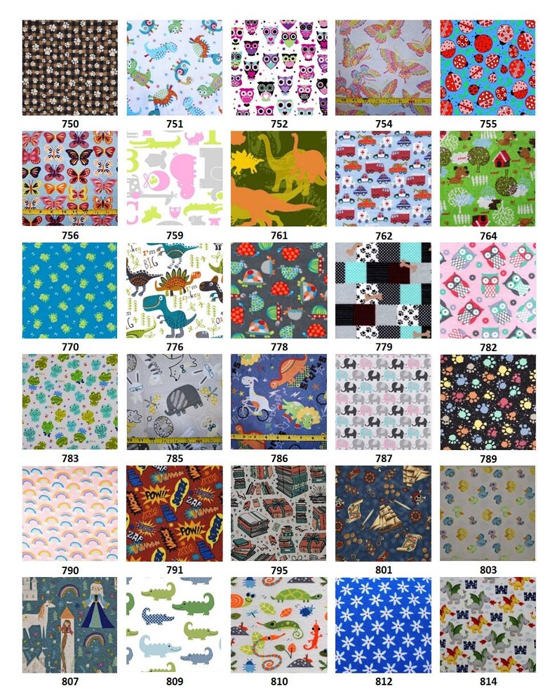 May include: A grid of thirty fabric swatches featuring various patterns including animals, insects, vehicles, geometric shapes, and fantasy themes, each labeled with a unique identification number ranging from 750 to 814, displayed in a structured layout.